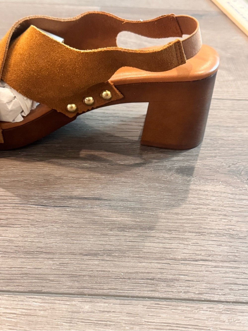 Suede Tan Studded Slingback Block Heel Sandal - Picture 6 of 6